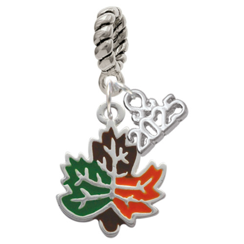 Silver Plated Large Enamel Fall Leaf - Silver Plated Twist Rope Bead Charm Dangle with Mini Year 2025: Year to Remember Jewelry Gift - Celebrations