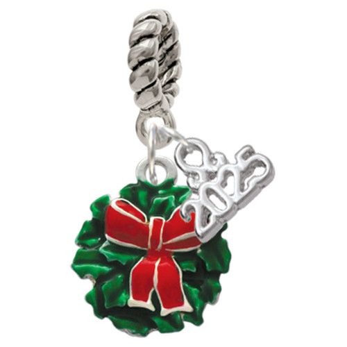 Enamel Wreath with Bow - Silver Plated Twist Rope Bead Charm Dangle with Mini Year 2025: Year to Remember Jewelry Gift - Celebrations