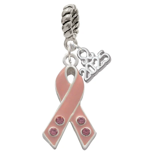 Silver Plated Large Pink Ribbon with Crystals - Silver Plated Twist Rope Bead Charm Dangle with Mini Year 2025: Year to Remember Jewelry Gift - Celebrations