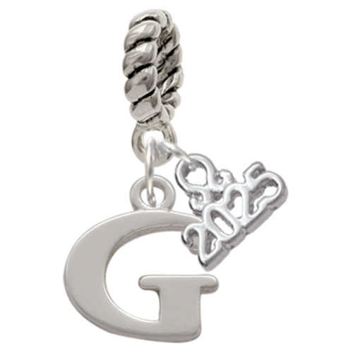 Silver Plated Large Initial - G - Silver Plated Twist Rope Bead Charm Dangle with Mini Year 2025: Year to Remember Jewelry Gift - Celebrations
