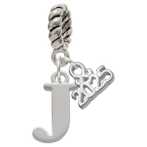 Silver Plated Large Initial - J - Silver Plated Twist Rope Bead Charm Dangle with Mini Year 2025: Year to Remember Jewelry Gift - Celebrations