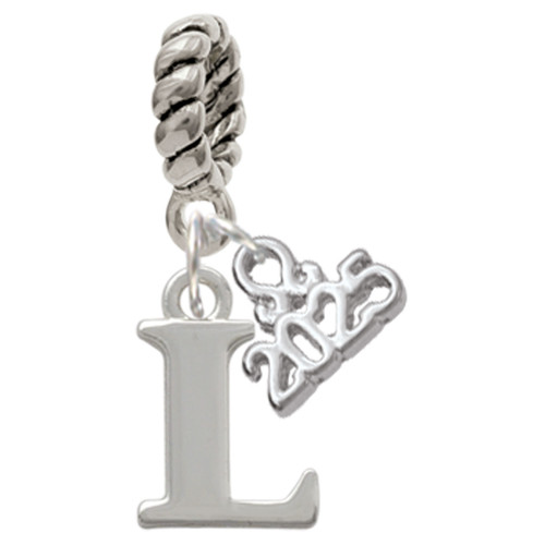 Silver Plated Large Initial - L - Silver Plated Twist Rope Bead Charm Dangle with Mini Year 2025: Year to Remember Jewelry Gift - Celebrations
