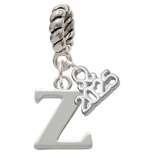 Silver Plated Large Initial - Z - Silver Plated Twist Rope Bead Charm Dangle with Mini Year 2025: Year to Remember Jewelry Gift - Celebrations