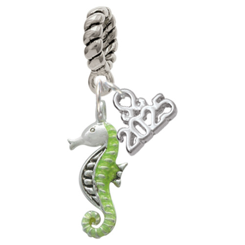 Silver Plated Lime Green Seahorse - Silver Plated Twist Rope Bead Charm Dangle with Mini Year 2025: Year to Remember Jewelry Gift - Celebrations