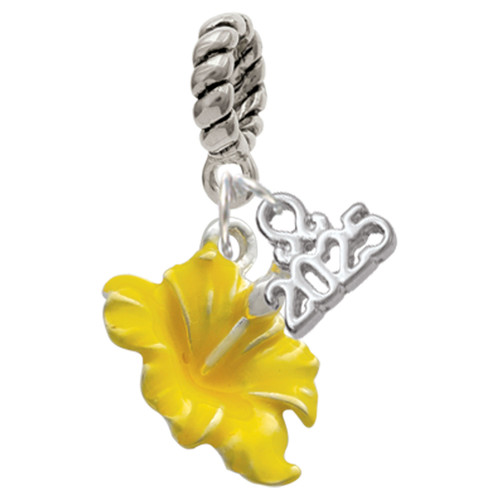 Silver Plated Yellow Hibiscus Flower - Silver Plated Twist Rope Bead Charm Dangle with Mini Year 2025: Year to Remember Jewelry Gift - Celebrations