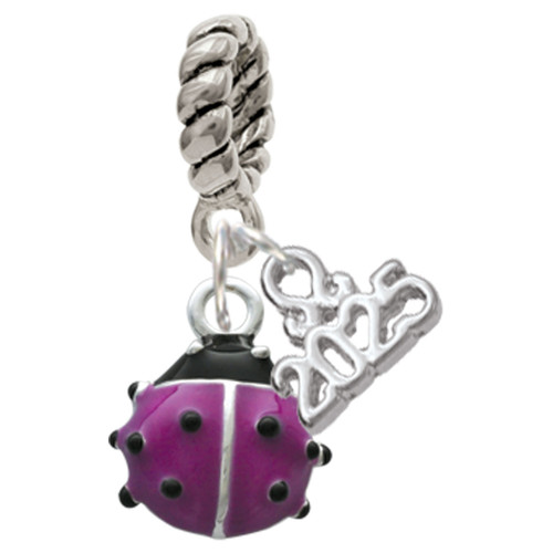 Silver Plated Mini Hot Purple Enamel Ladybug - Silver Plated Twist Rope Bead Charm Dangle with Mini Year 2025: Year to Remember Jewelry Gift - Celebrations