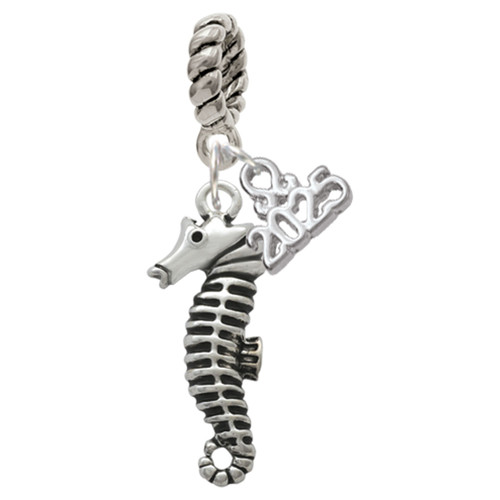 Silver Plated Antiqued Seahorse - Silver Plated Twist Rope Bead Charm Dangle with Mini Year 2025: Year to Remember Jewelry Gift - Celebrations