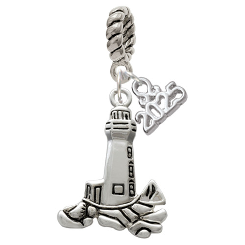 Silver Plated Antiqued Lighthouse - Silver Plated Twist Rope Bead Charm Dangle with Mini Year 2025: Year to Remember Jewelry Gift - Celebrations