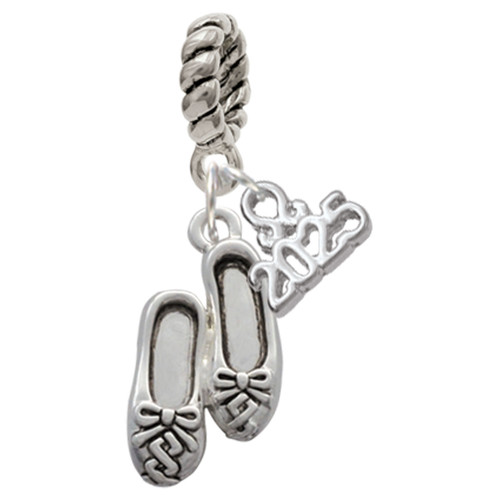 Silver Plated Ballet Slippers - Silver Plated Twist Rope Bead Charm Dangle with Mini Year 2025: Year to Remember Jewelry Gift - Celebrations