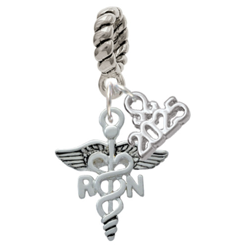 Silver Plated Nurse Caduceus - RN - Silver Plated Twist Rope Bead Charm Dangle with Mini Year 2025: Year to Remember Jewelry Gift - Celebrations