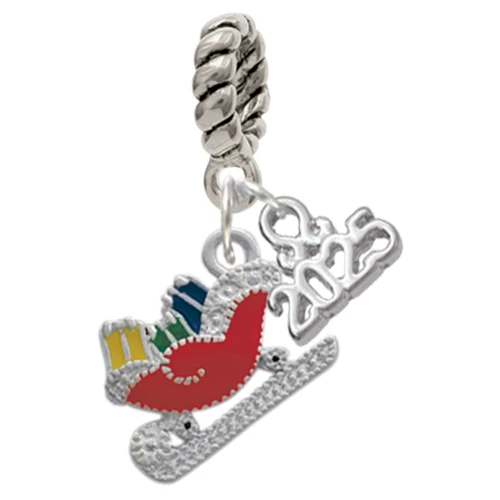 Silver Plated Red Christmas Sleigh - Silver Plated Twist Rope Bead Charm Dangle with Mini Year 2025: Year to Remember Jewelry Gift - Celebrations