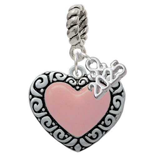Silver Plated Large Pink Enamel Heart with Swirl Border - Silver Plated Twist Rope Bead Charm Dangle with Mini Year 2025: Year to Remember Jewelry Gift - Celebrations