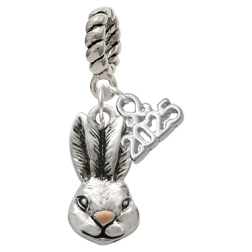 Silver Plated Antiqued Bunny Head - Silver Plated Twist Rope Bead Charm Dangle with Mini Year 2025: Year to Remember Jewelry Gift - Celebrations