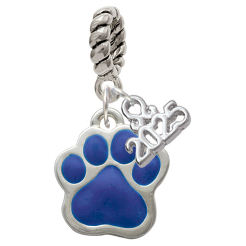 Silver Plated Large Royal Blue Paw - Silver Plated Twist Rope Bead Charm Dangle with Mini Year 2025: Year to Remember Jewelry Gift - Celebrations