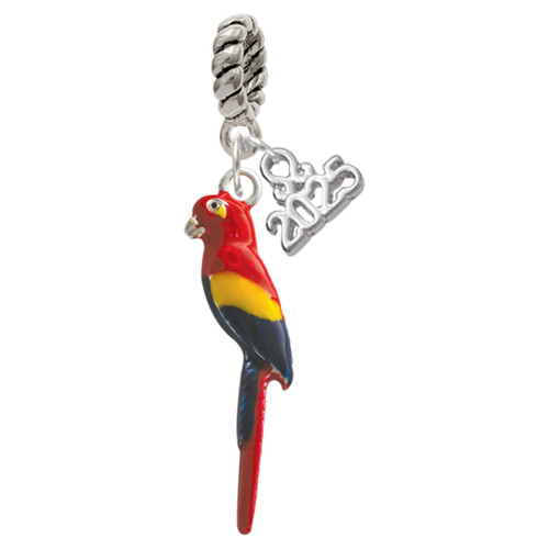 Silver Plated 3-D Enamel Parrot - Silver Plated Twist Rope Bead Charm Dangle with Mini Year 2025: Year to Remember Jewelry Gift - Celebrations