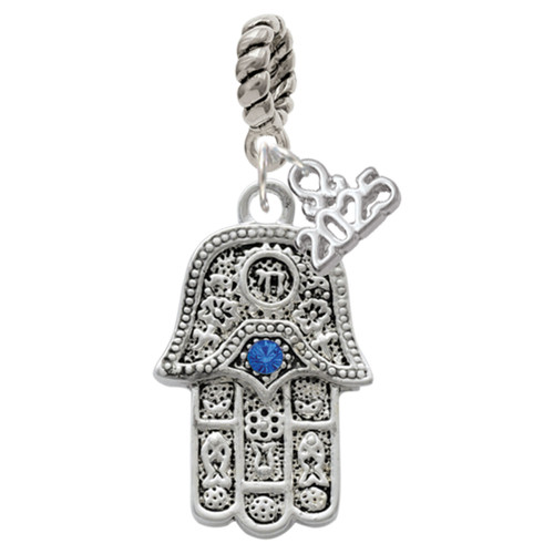 Silver Plated Hamsa Hand with Blue Crystal - Silver Plated Twist Rope Bead Charm Dangle with Mini Year 2025: Year to Remember Jewelry Gift - Celebrations