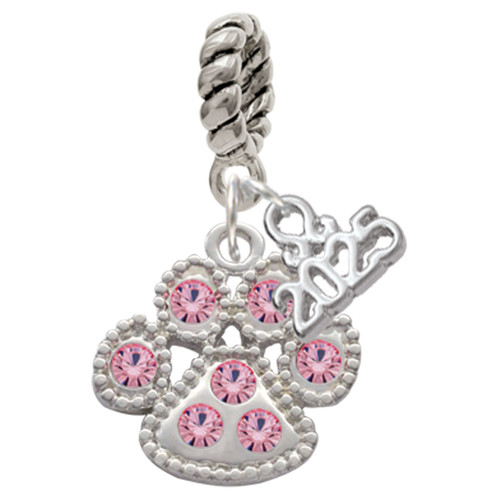 Silver Plated Large Paw with Light Pink Crystals - Silver Plated Twist Rope Bead Charm Dangle with Mini Year 2025: Year to Remember Jewelry Gift - Celebrations