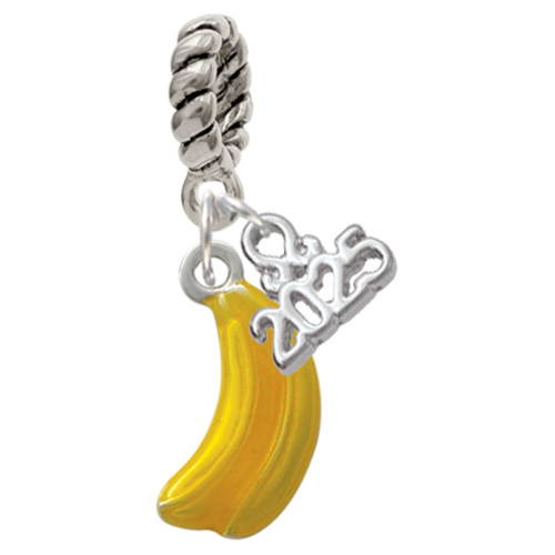 Silver Plated 3-D Yellow Enamel Bananas - Silver Plated Twist Rope Bead Charm Dangle with Mini Year 2025: Year to Remember Jewelry Gift - Celebrations