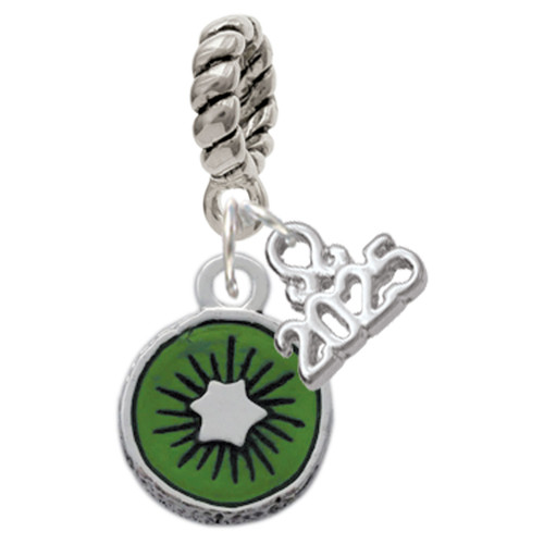Silver Plated 3-D Green Enamel Kiwi - Silver Plated Twist Rope Bead Charm Dangle with Mini Year 2025: Year to Remember Jewelry Gift - Celebrations