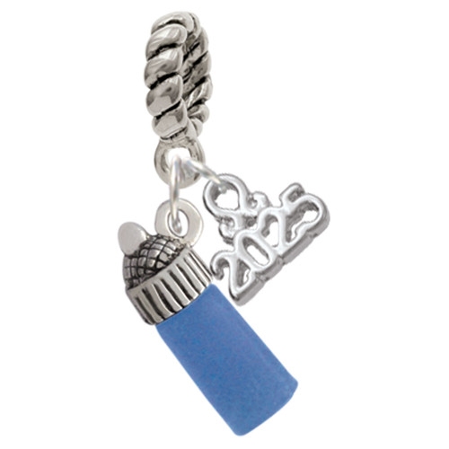 Silver Plated 3-D Blue Baby Bottle - Silver Plated Twist Rope Bead Charm Dangle with Mini Year 2025: Year to Remember Jewelry Gift - Celebrations