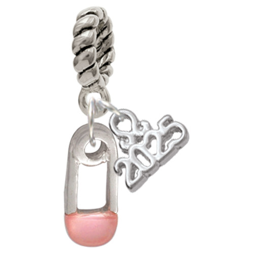 Silver Plated Pink Baby Safety Pin - Silver Plated Twist Rope Bead Charm Dangle with Mini Year 2025: Year to Remember Jewelry Gift - Celebrations