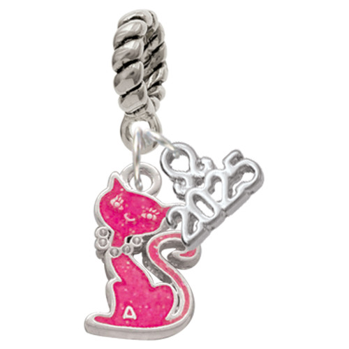 Silver Plated Hot Pink Glitter Cat - Silver Plated Twist Rope Bead Charm Dangle with Mini Year 2025: Year to Remember Jewelry Gift - Celebrations