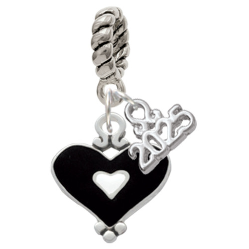 Silver Plated Black and White Enamel Heart - Silver Plated Twist Rope Bead Charm Dangle with Mini Year 2025: Year to Remember Jewelry Gift - Celebrations
