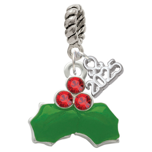 Silver Plated Christmas Holly & Red Crystal Berries - Silver Plated Twist Rope Bead Charm Dangle with Mini Year 2025: Year to Remember Jewelry Gift - Celebrations