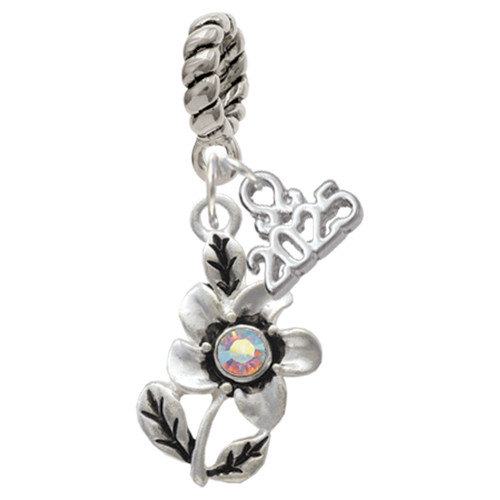 Silver Plated Flower with AB Crystal - Silver Plated Twist Rope Bead Charm Dangle with Mini Year 2025: Year to Remember Jewelry Gift - Celebrations