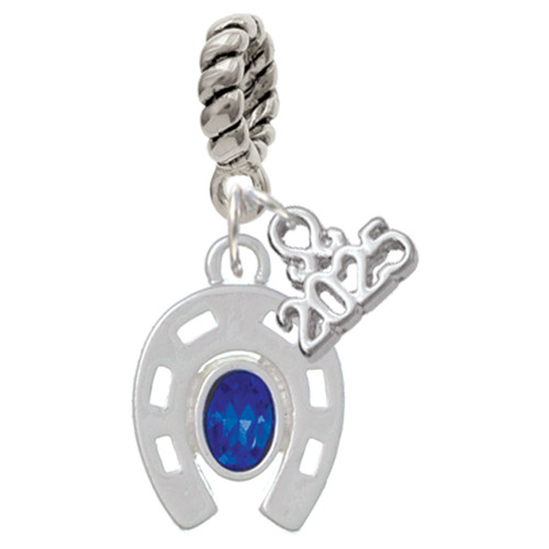 Silver Plated Horseshoe with Oval Blue Crystal - Silver Plated Twist Rope Bead Charm Dangle with Mini Year 2025: Year to Remember Jewelry Gift - Celebrations