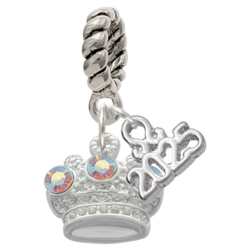 Silver Plated Crown with 3 Clear AB Crystals - Silver Plated Twist Rope Bead Charm Dangle with Mini Year 2025: Year to Remember Jewelry Gift - Celebrations