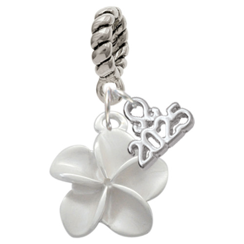Silver Plated White Plumeria Flower - Silver Plated Twist Rope Bead Charm Dangle with Mini Year 2025: Year to Remember Jewelry Gift - Celebrations