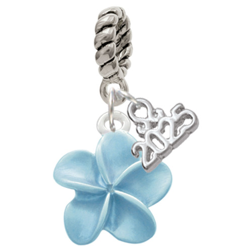 Silver Plated Blue Plumeria Flower - Silver Plated Twist Rope Bead Charm Dangle with Mini Year 2025: Year to Remember Jewelry Gift - Celebrations