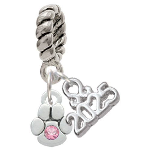 Silver Plated Mini Paw with Pink Crystal - Silver Plated Twist Rope Bead Charm Dangle with Mini Year 2025: Year to Remember Jewelry Gift - Celebrations
