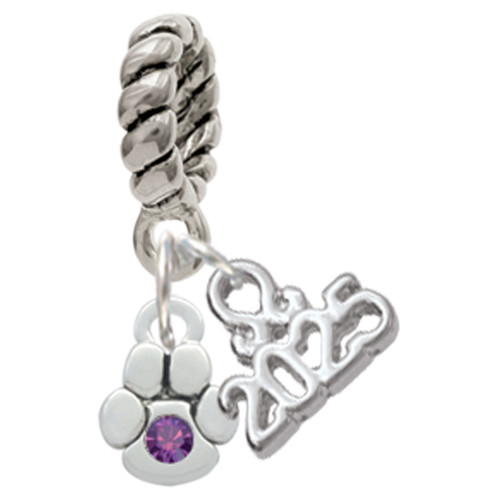 Silver Plated Mini Paw with Purple Crystal - Silver Plated Twist Rope Bead Charm Dangle with Mini Year 2025: Year to Remember Jewelry Gift - Celebrations