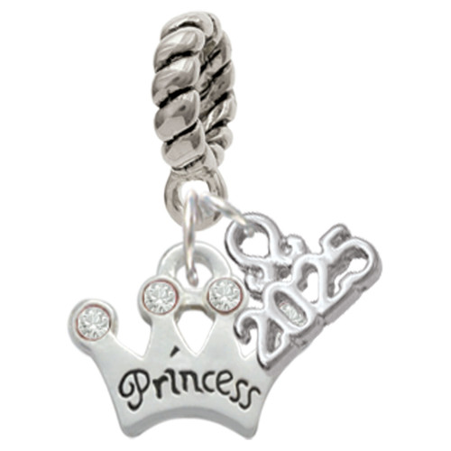 Silver Plated Small ''Princess'' Crown with Clear Crystals - Silver Plated Twist Rope Bead Charm Dangle with Mini Year 2025: Year to Remember Jewelry Gift - Celebrations