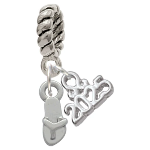Silver Plated Mini Flip Flop - Silver Plated Twist Rope Bead Charm Dangle with Mini Year 2025: Year to Remember Jewelry Gift - Celebrations