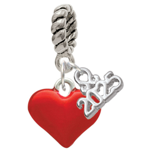 Silver Plated 3-D Translucent Red Puff Heart - Silver Plated Twist Rope Bead Charm Dangle with Mini Year 2025: Year to Remember Jewelry Gift - Celebrations