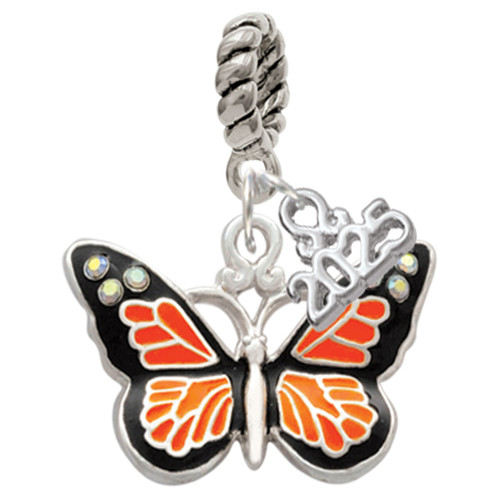 Silver Plated Large Monarch Butterfly with 6 AB Crystals - Silver Plated Twist Rope Bead Charm Dangle with Mini Year 2025: Year to Remember Jewelry Gift - Celebrations