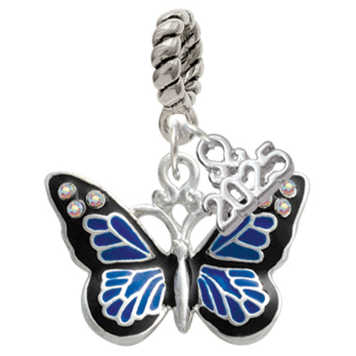 Silver Plated Large Blue Butterfly with 6 AB Crystals - Silver Plated Twist Rope Bead Charm Dangle with Mini Year 2025: Year to Remember Jewelry Gift - Celebrations