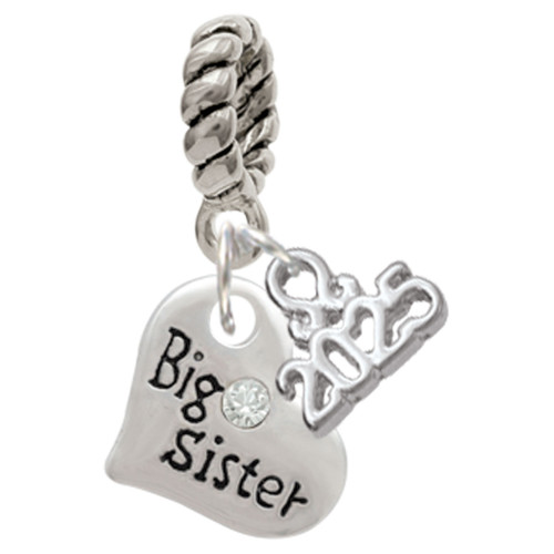 Silver Plated Small ''Big Sister'' Heart with Clear Crystal - Silver Plated Twist Rope Bead Charm Dangle with Mini Year 2025: Year to Remember Jewelry Gift - Celebrations