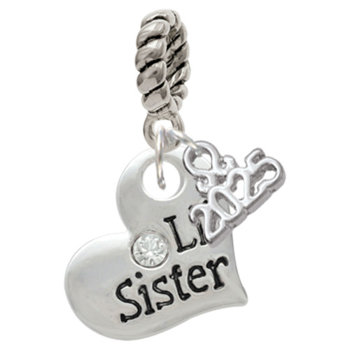 Silver Plated Large ''Lil Sister'' Heart with Clear Crystal - Silver Plated Twist Rope Bead Charm Dangle with Mini Year 2025: Year to Remember Jewelry Gift - Celebrations