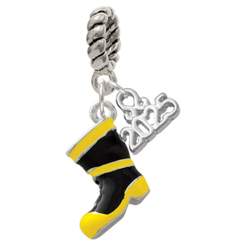 Silver Plated Black and Yellow Firefighter Boot - Silver Plated Twist Rope Bead Charm Dangle with Mini Year 2025: Year to Remember Jewelry Gift - Celebrations