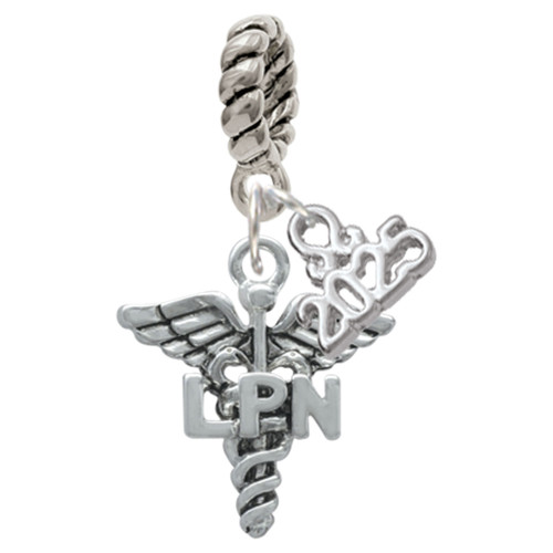 Silver Plated Nurse Caduceus - LPN - Silver Plated Twist Rope Bead Charm Dangle with Mini Year 2025: Year to Remember Jewelry Gift - Celebrations