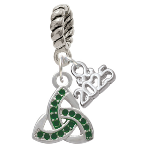 Silver Plated Small 2-D Green Trinity Knot - Silver Plated Twist Rope Bead Charm Dangle with Mini Year 2025: Year to Remember Jewelry Gift - Celebrations