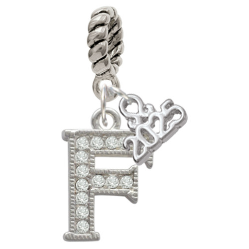 Silver Plated Crystal Initial - F - Silver Plated Twist Rope Bead Charm Dangle with Mini Year 2025: Year to Remember Jewelry Gift - Celebrations