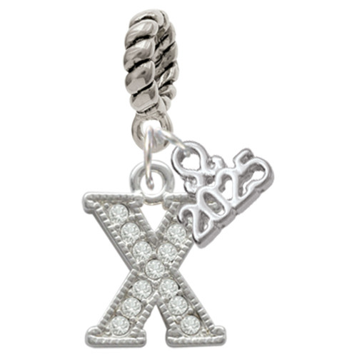 Silver Plated Crystal Initial - X - Silver Plated Twist Rope Bead Charm Dangle with Mini Year 2025: Year to Remember Jewelry Gift - Celebrations