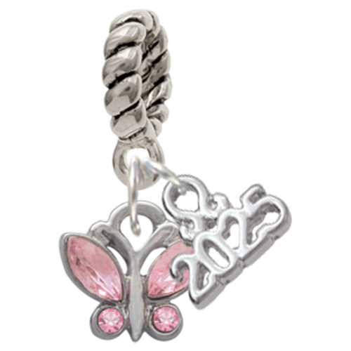 Silver Plated Mini Butterfly with Pink Wings & Crystals - Silver Plated Twist Rope Bead Charm Dangle with Mini Year 2025: Year to Remember Jewelry Gift - Celebrations