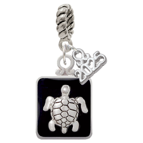 Silver Plated Turtle on Black Frame - Silver Plated Twist Rope Bead Charm Dangle with Mini Year 2025: Year to Remember Jewelry Gift - Celebrations