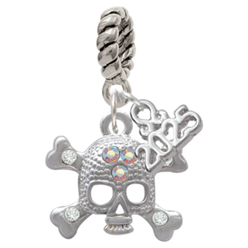 Silver Plated Skull with 3 AB Crystals - Silver Plated Twist Rope Bead Charm Dangle with Mini Year 2025: Year to Remember Jewelry Gift - Celebrations
